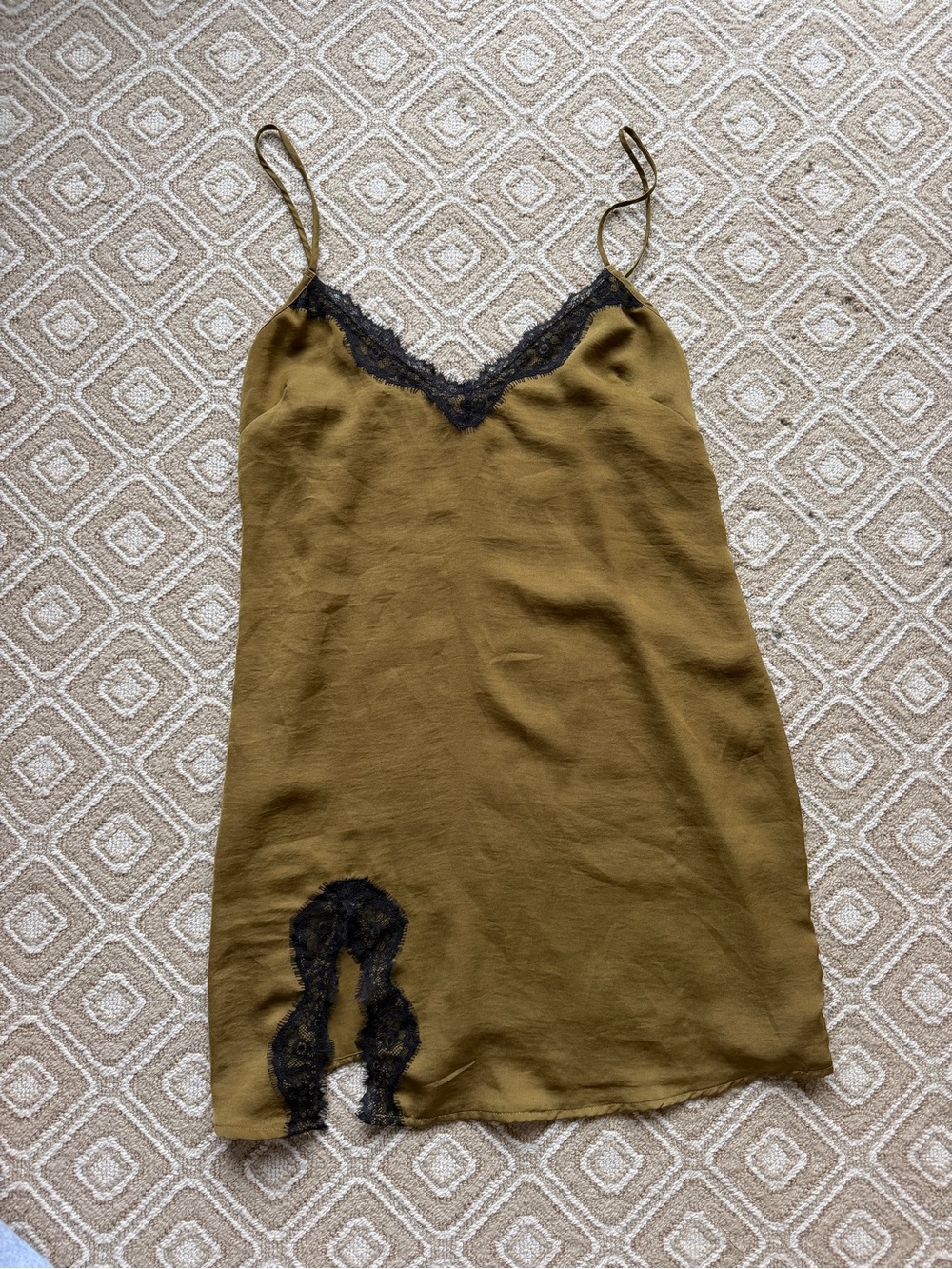 Olive Green Slip with Black Lace Trim